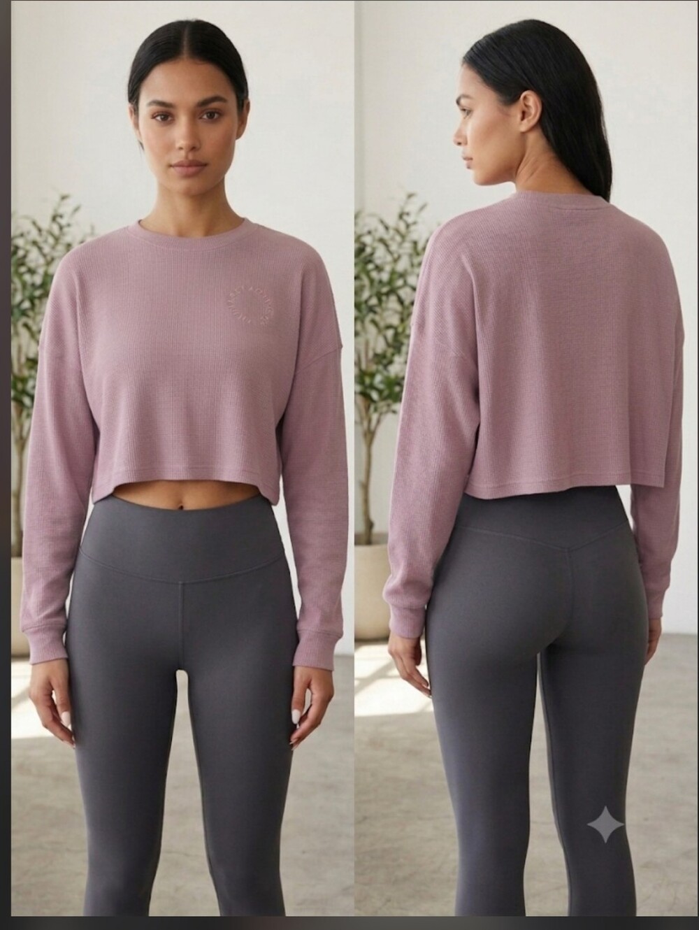 Set Active Waffle Knit Long Sleeve Crop Top Mauve Pink Purple M